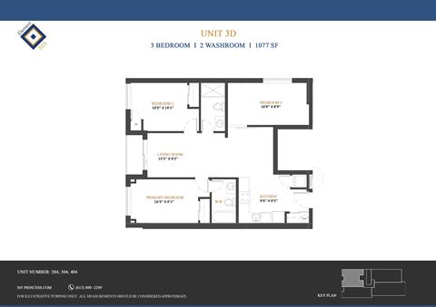 A floor plan for Unit 3D shows a 3 bedroom, 1 2 washroom apartment sized at 1077 square feet.
